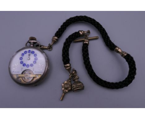 An 800 silver pocket watch, a Victorian hair twist Albert watch chain and fob. 
