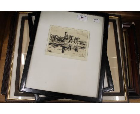 An etching of a Castle, indistinctly signed; together with another etching of the same hand, each framed and glazed. 28 x 34 