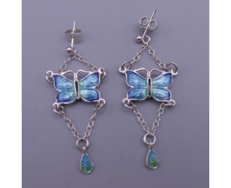 A pair of silver and enamel butterfly earrings. 4.5 cm high.