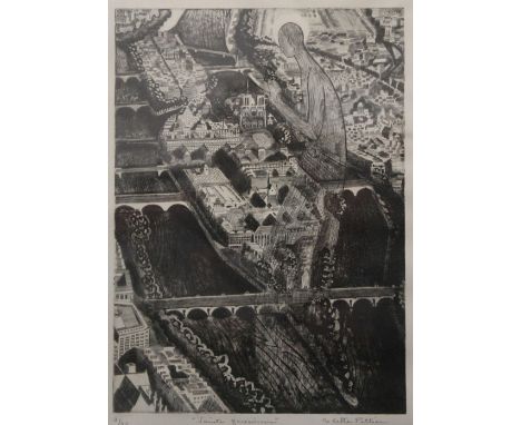 A French etching, indistinctly signed, limited edition print, numbered 2/45, framed and glazed. 24.5 x 34 cm.