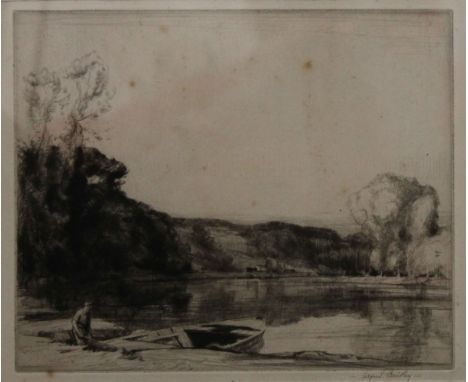 ALFRED BRIERLY, Fishing Boat on a Riverbank, etching, framed and glazed. 25.5 x 21 cm.