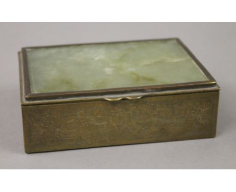 A Chinese jade topped brass box. 11.5 cm wide.