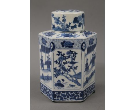 A Chinese hexagonal blue and white porcelain tea caddy. 20 cm high.