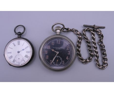 A silver cased pocket watch and a military silver plated pocket watch on a silver watch chain. The latter 5.5 cm diameter. 