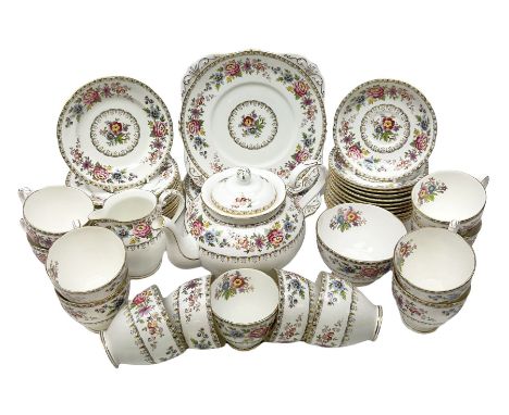 Grafton tea service for twelve in Malvern pattering, comprising of teapot, milk, open sucrier, cups and saucers, dessert plat