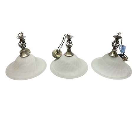 Three frosted glass light fittings with brushed metal mounts, approx L30cm excl fitting