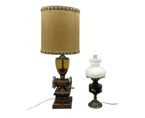 Table lamp and shade in the form of a vintage coffee grinder, together with a converted oil lamp, tallest example H94cm 