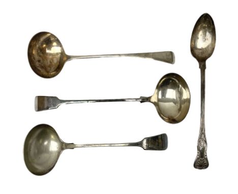 Two silver plated Fiddle pattern soup ladles, a silver plated Old English pattern soup ladle, and a silver plated Kings patte