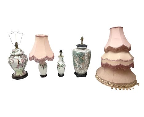 Four Oriental ceramic table lamps, to include example modelled as a ginger jar decorated with birds, figures and flowers, ano