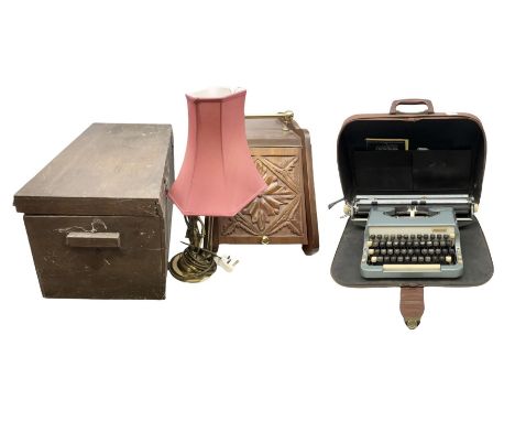 Imperial typewriter in brown leather carrying case, together with fall front coal box, brass carrying handles, together with 