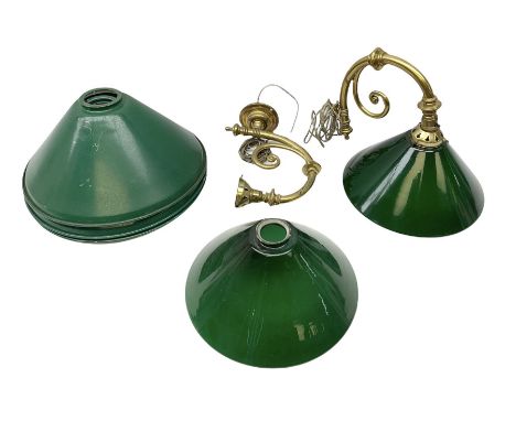 Pair of wall lights with green glass shades, together with three green metal light shades, metal shades D37cm