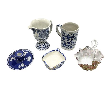 Wedgwood jasperware chamber candlestick, together with blue and white ceramic tankard, footed jug, art glass basket etc