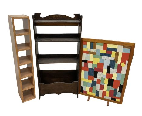 Stained wood bookcase with magazine rack beneath, together with CD shelf unit and fire screen, largest H106cm