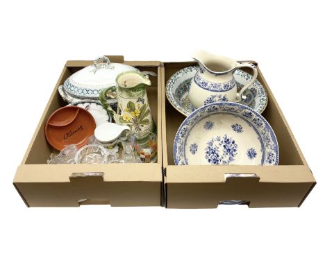 Large Victorian twin handled soup tureen and cover, decorated with a geometric pattern, together with a large wash bowl, blue