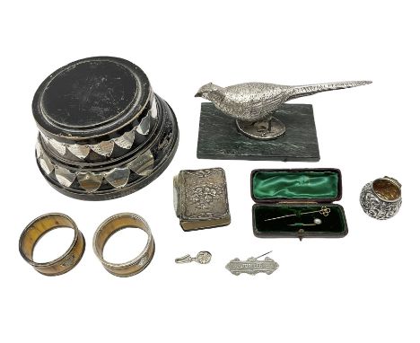 Group of silver, to include filled figure of a pheasant, hallmarked for London, pair of silver mounted horn napkin rings, min