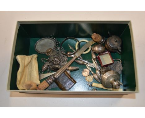 A box containing mostly silver and white metal items to include a bottle stopper, a small oval frame, a bangle, a mustard pot