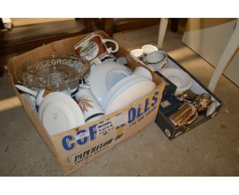 A box of various commemorative china and a box containing Royal Worcester ramekins etc.