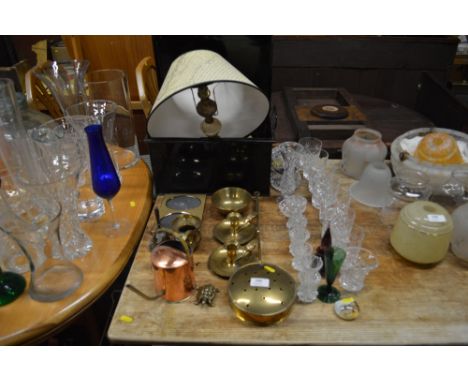 A quantity of cut glass tumblers; various brass ware to include a pair of chamber sticks; a black painted metal storage tin; 