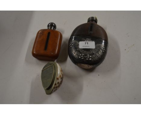Two hip flasks together with a 19th Century Cowrie shell snuff box, engraved John Miller 1845