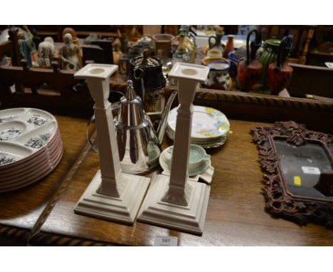A pair of Leedsware candlesticks - one AF; together with a Carltonware ash tray; five Art Deco style side plates etc. 