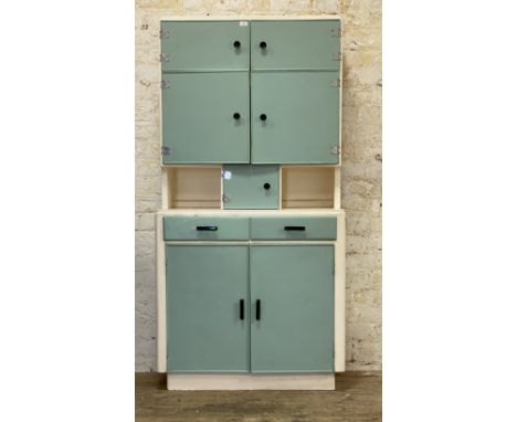 A 1950's blue and white painted kitchen cabinet, fitted with a combination of cupboards and drawers. H186cm, W95cm, D44cm.&nb