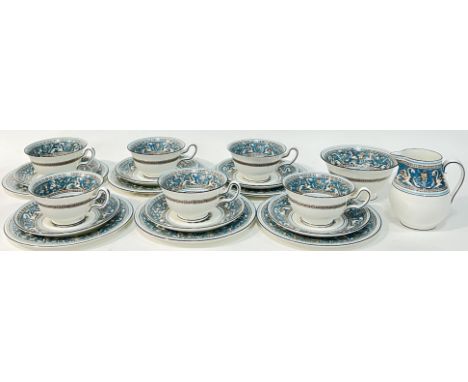 Six Wedgwood Turquoise Florentine pattern enamelled trios comprising six small plates (w- 18.5cm), six saucers, and six cups,