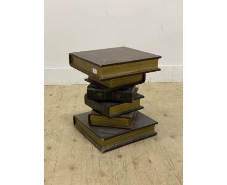 A vintage lamp table, modelled as a stack of gilt leather bound books. H43cm.&nbsp;