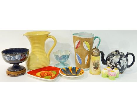 A mixed group of ceramics comprising an enamelled Rosslyn Jet bowl (marked verso, h- 10cm), a Lovatt jug (h- 20cm), two Poole