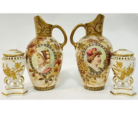A pair of Doulton Burslem blushed ivory gilt and enamelled portrait jugs (restores, h- 22cm), together with a pair of Worcest
