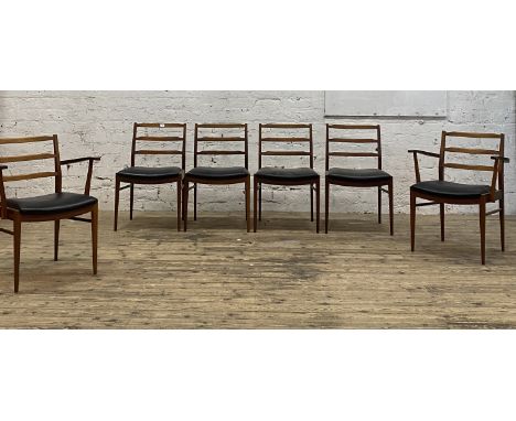 McIntosh of Kirkcaldy, A set of six (4+2) mid century teak dining chairs, circa 1960's, with ladder backs over black vinyl se