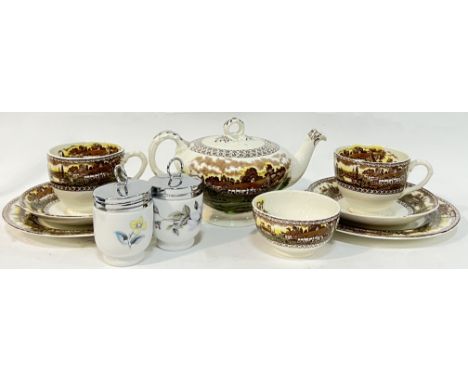 An Empire 'Devon' part tea set comprising a teapot (h- 13cm , w- 20cm), two cups, two saucers, two plates, and a sugar bowl, 