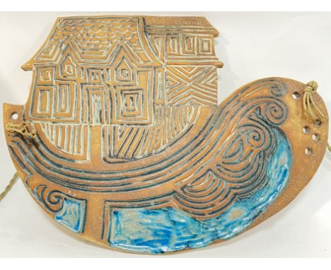 Pat Hasall (Dunbar), a 1970's studio pottery Noah's Ark wall plaque with blue glaze (marked verso, h- 33cm, w- 45cm)