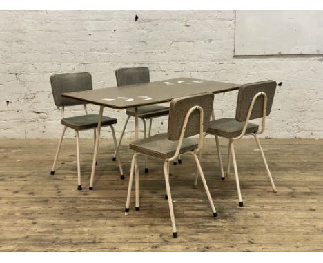 A 1950's kitchen dining suite, comprising a table with formica top raised on white painted tubular supports (H73cm, 122cm x 6