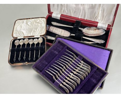 A cased set of three Epns fruit /salad severs including fork, spoon and slice show no signs of use L x 23cm, a set of six Epn