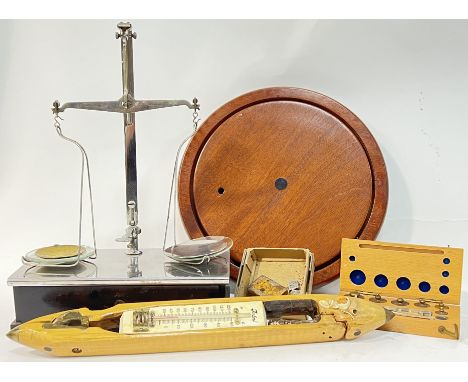 A mixed lot comprising&nbsp; a set of W &amp; T Avery scientific scales with associated weight (h- 38cm, w- 26cm), a wall mou