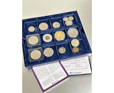 A Westminster &pound;5 silver proof Queen Elizabeth II Present Day Portrait coin with certificate and $1 Cook Islands proof R