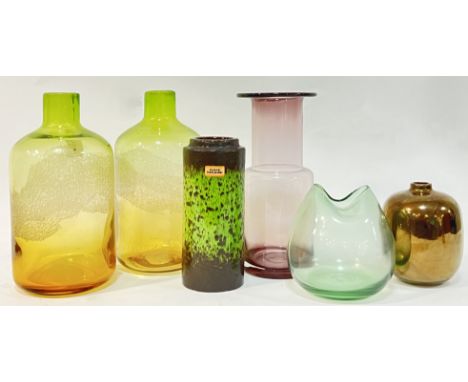 A group of mid-century/modern ceramics and glass comprising two green/yellow bubble glass jars (h- 30cm), a purple glass vase