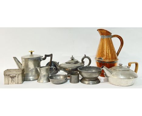 A quantity of metal ware, mostly pewter, comprising a Liberty &amp; Co Tudric pewter teapot (marked verso, h- 10cm, w- 24cm),