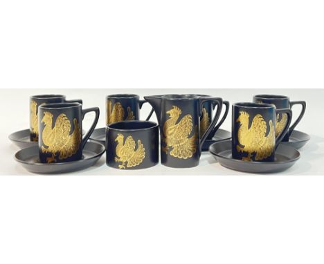 A 1970's Portmeirion Pottery "Phoenix" pattern coffee set decorated comprising six cups, six saucers (w- 13.5cm), a sugar bas