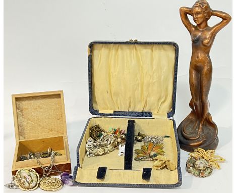 Two boxes of costume jewellery comprising several mid-century brooches, rings, earrings, necklaces etc...together with an Art