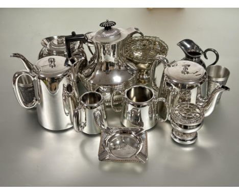A collection of Epns to include a vintage hotel wear four piece tea and coffee service, a half lobbed coffee pot, a three pie