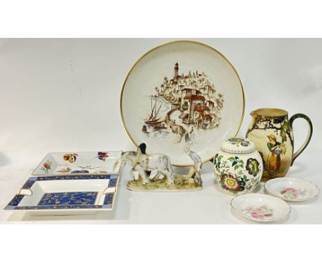 A mixed lot of ceramics comprising a Continental wall plaque with coastal scene (w- 32cm), two squared dishes (Worcester Eves