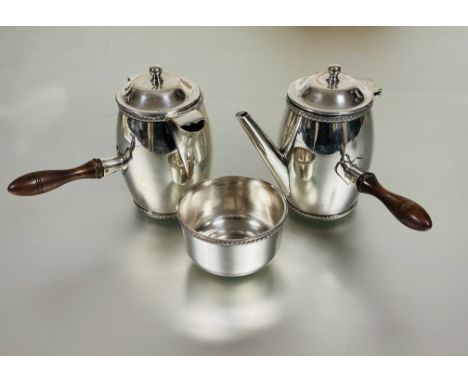 A Sheffield plated three piece part cafe o lait set comprising a barrel shaped hot milk and coffee pot with gadroon border to