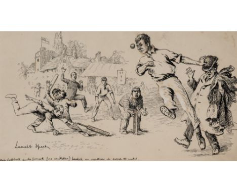 Lancelot Speed (British, 1860-1931) cricket match drawing titled "Our football centre forward (no cricketer) headed an overth