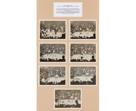 Framed presentation containing a group of seven b&amp;w fight photographs of the&nbsp;Jim Driscoll v Seaman Hayes fight for t
