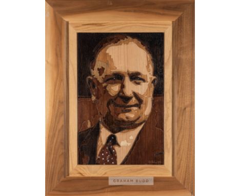Marquetry work portrait of Arsenal FC's legendary manager Herbert Chapman by the artist Rob Bishop dated 2013,
multi-coloured