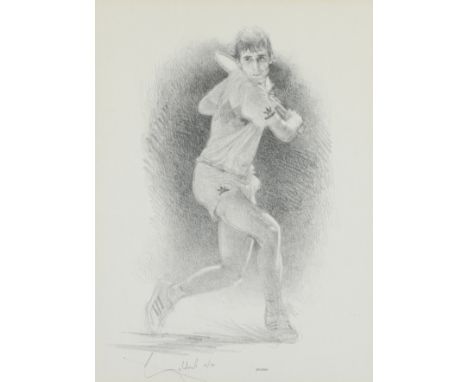 William Geldart (British), Ivan Lendl,
pencil portrait of Ivan Lendl playing a backhand, signed by the tennis player lower le