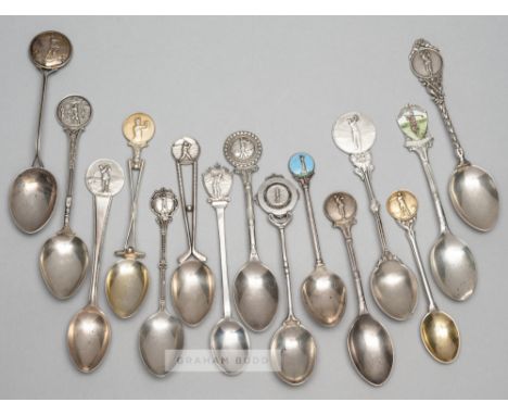 Fifteen various silver hallmarked golf prize spoons, dating from 1922,
all with golfer &amp; golf course finials, including e