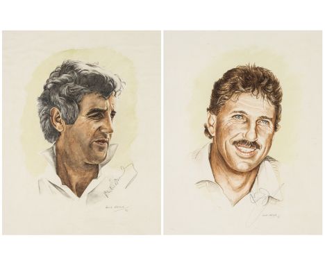 Two David Stallard watercolours of former England cricket captains Mike Brearley and Ian Botham, circa 1995
the first of Mike
