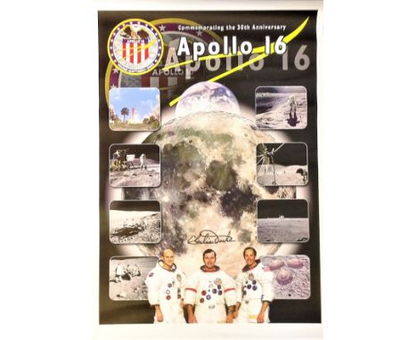 Apollo Astronaut Charlie Duke signed 16 x 12 matt print of Apollo 16 poster. Condition 9/10. All autographs come with a Certi